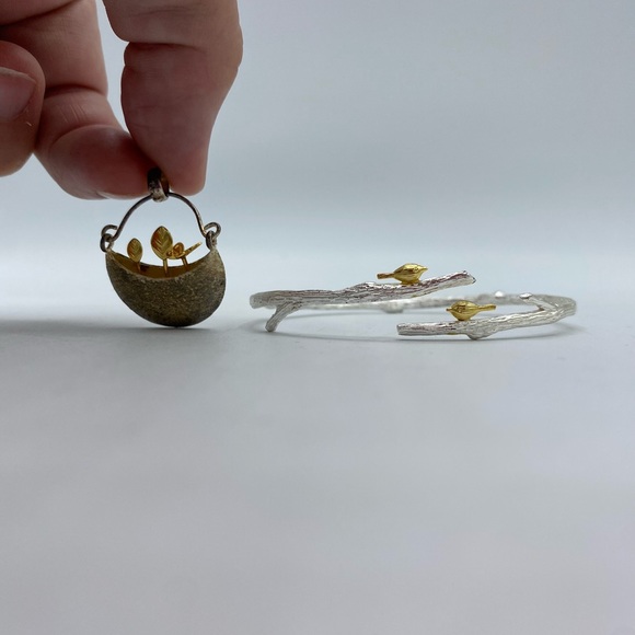 925 Sterling Silver Handmade birds on a branch Bangle and Garden Pot Pendant - Picture 3 of 11